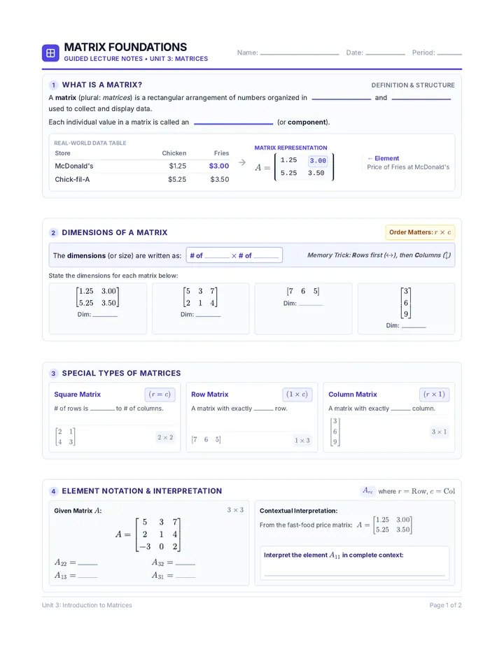 Matrix Foundations Guided Notes