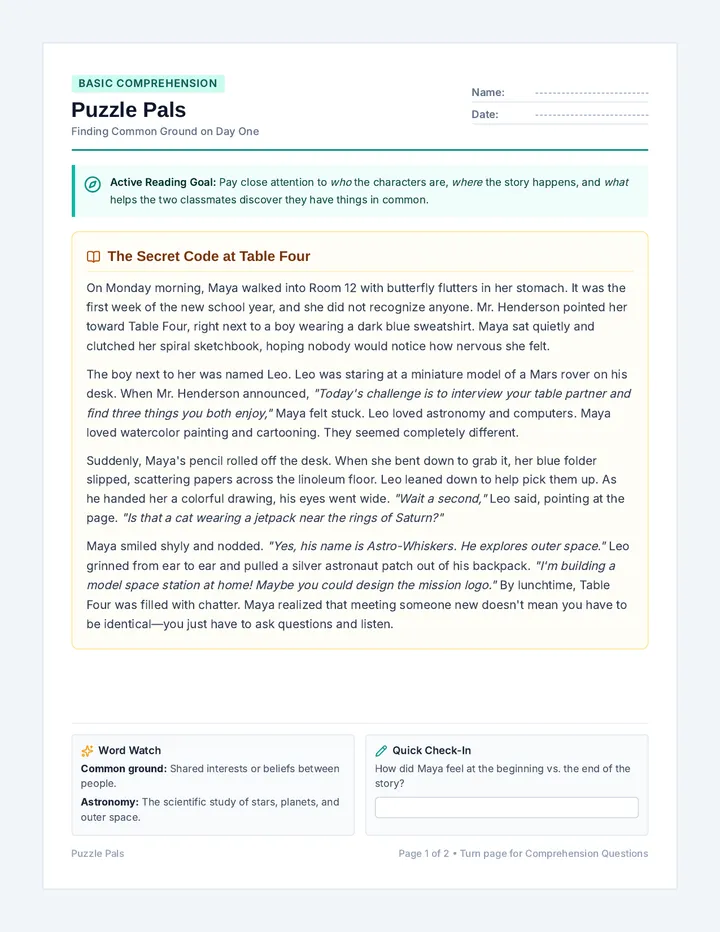 Puzzle Pals Reading Worksheet