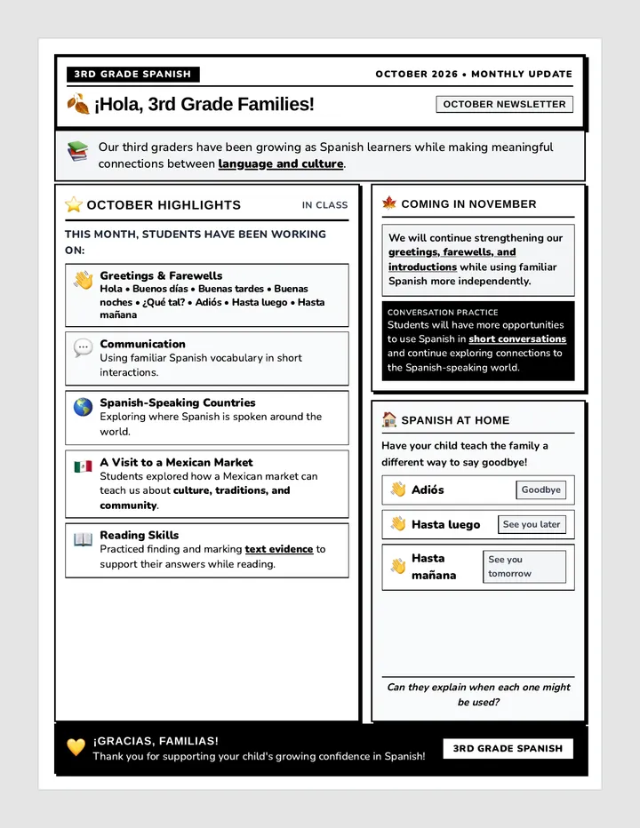 Third Grade Spanish October Newsletter