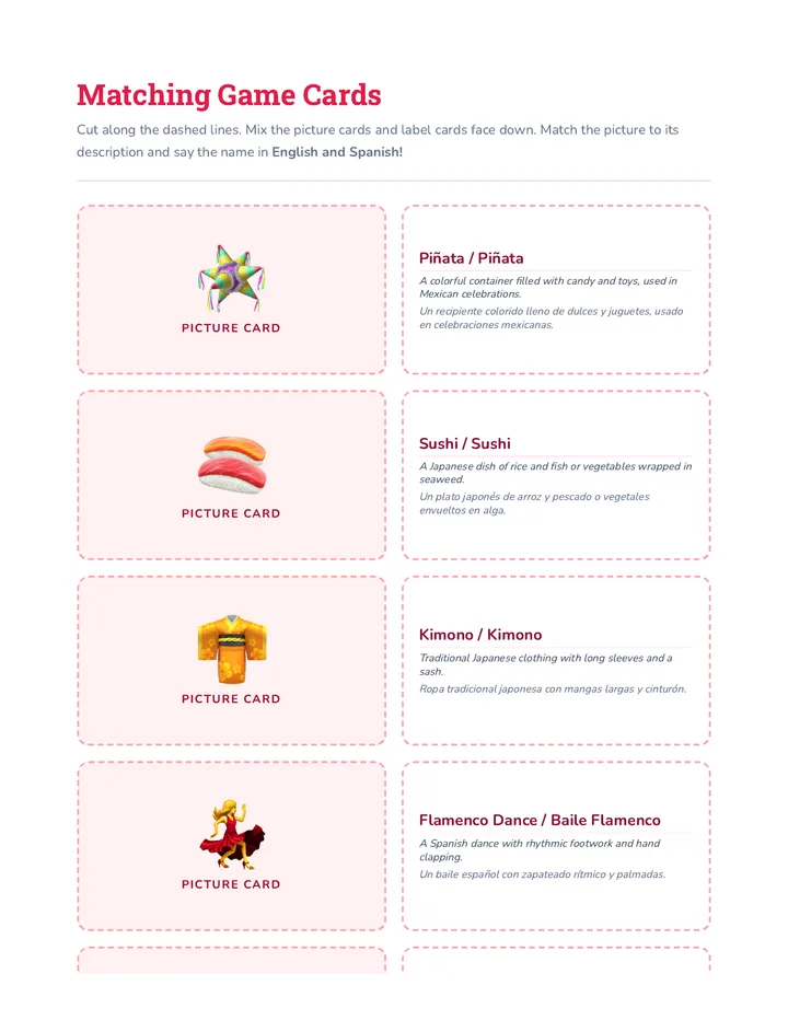 Cultural Differences Matching Game Cards Activity