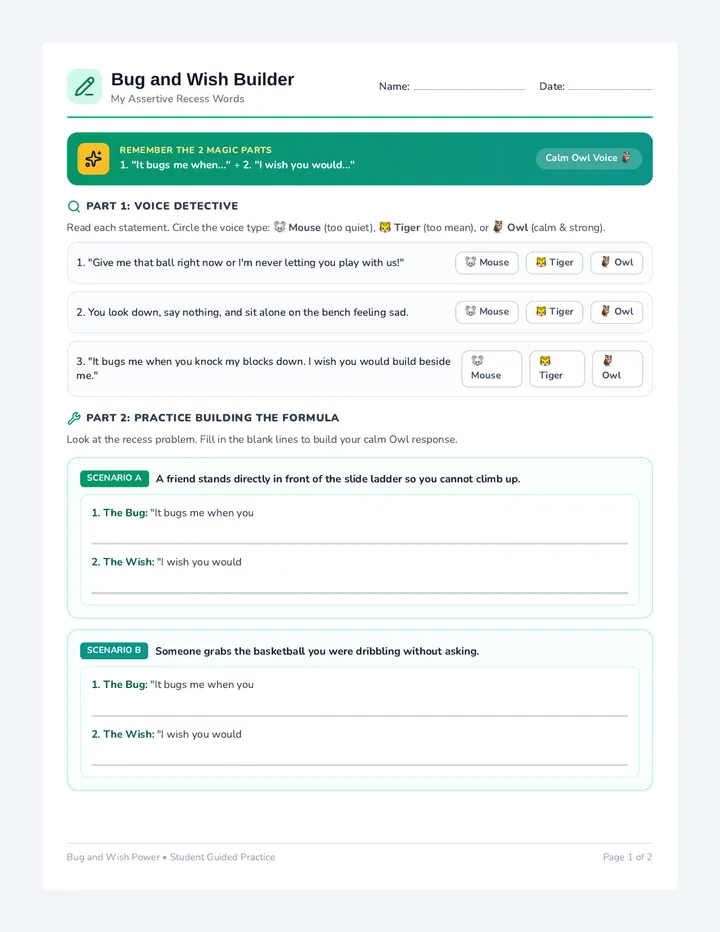 Bug and Wish Builder Worksheet