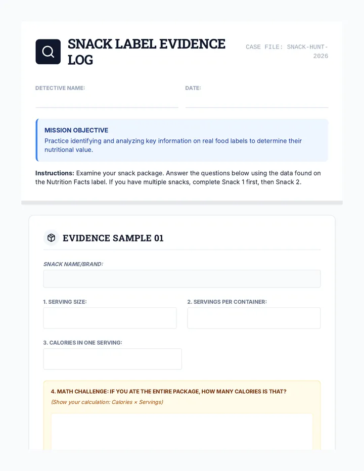 Snack Label Scavenger Hunt Worksheet