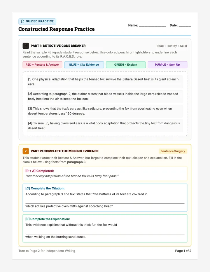 Constructed Response Practice Worksheet