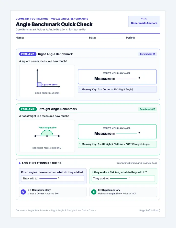 Angle Benchmark Worksheet