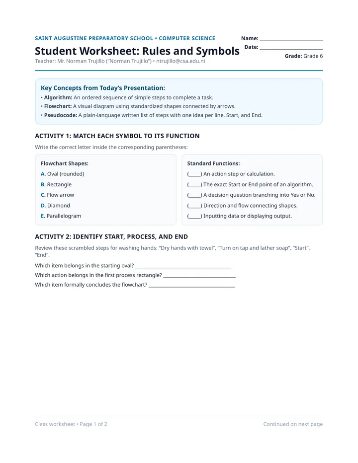 Student Worksheet Rules and Symbols