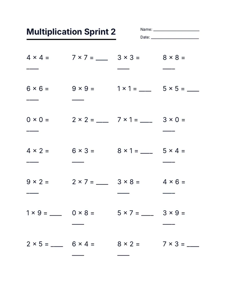Multiplication Sprint 2 Worksheet
