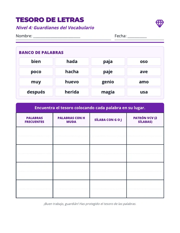 Tesoro de Letras Worksheet