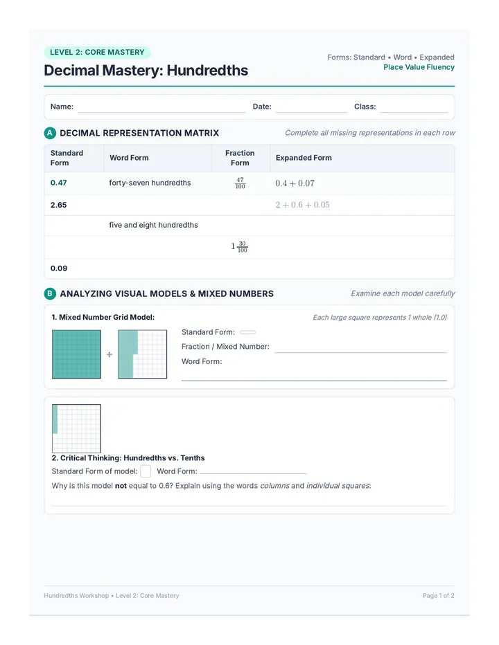 Decimal Mastery Worksheet