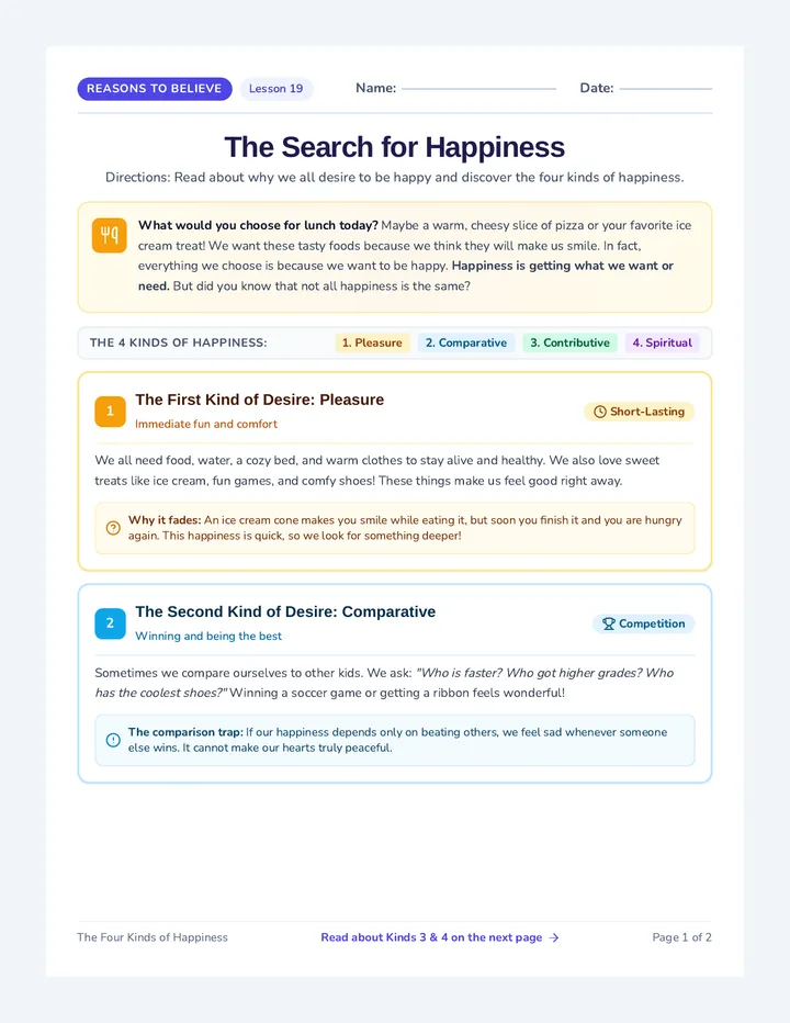 Search for Happiness Reading Worksheet