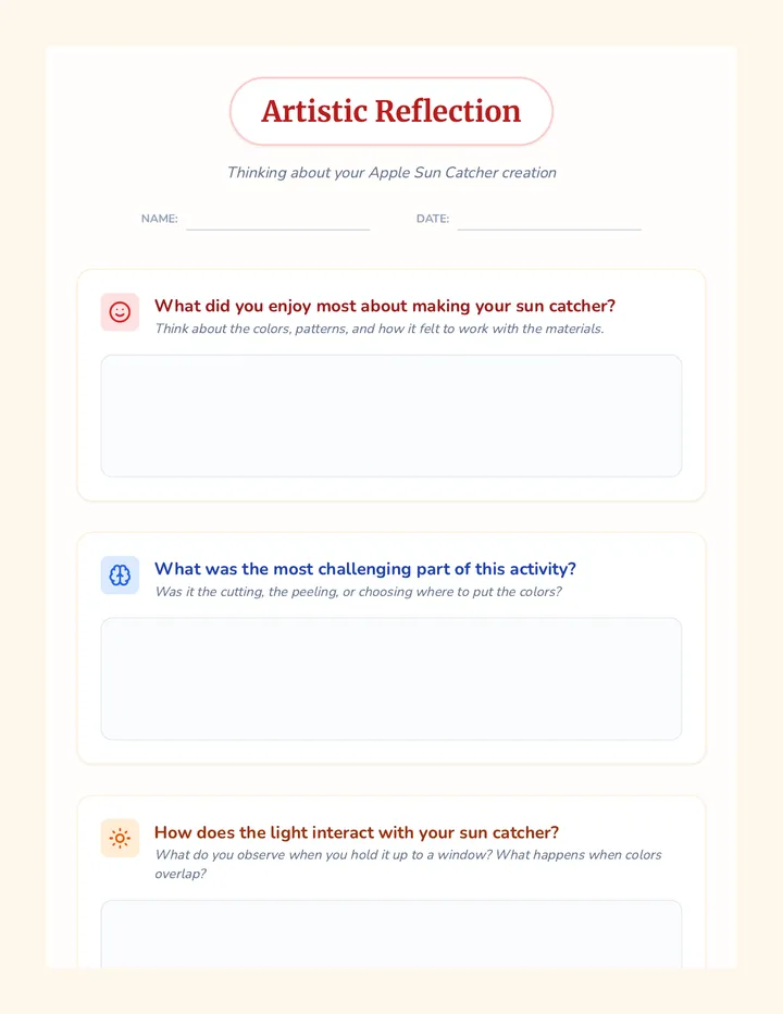Apple Sun Catcher Reflection Worksheet
