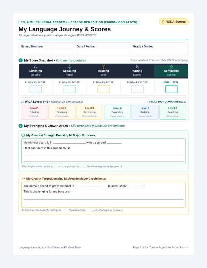 Bilingual Goal Setting Worksheet