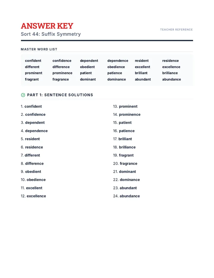 Suffix Symmetry Answer Key