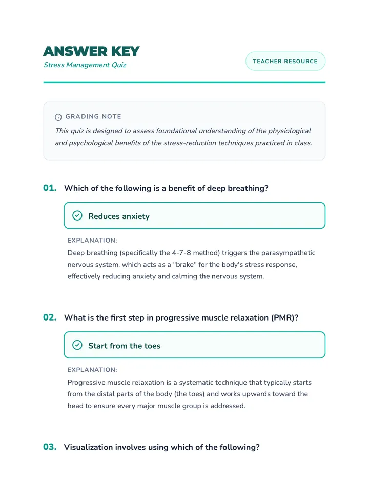 Stress Management Quiz Answer Key