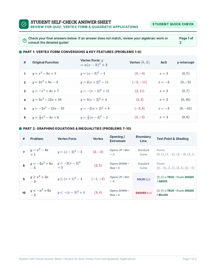Quiz Review Answer Sheet