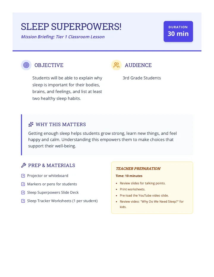 Sleep Superpowers Lesson Plan