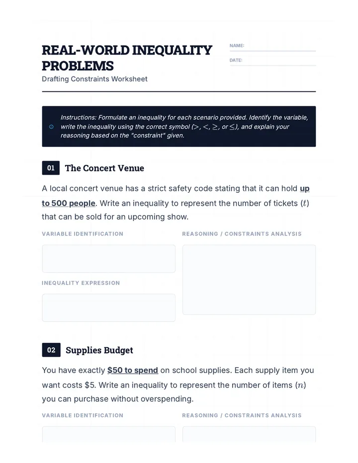 Real World Inequality Problems Worksheet
