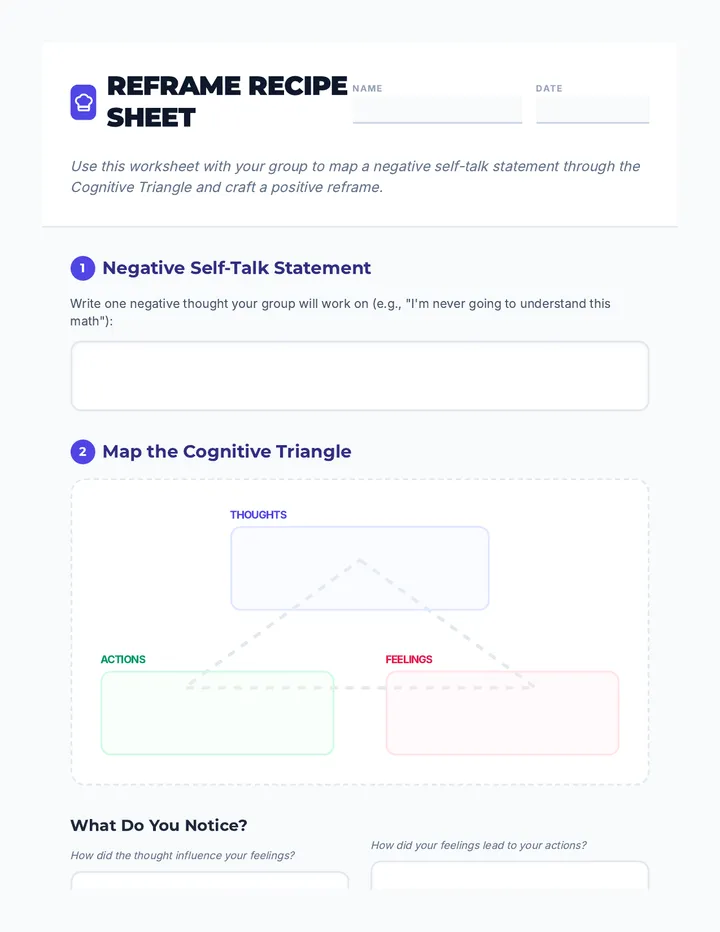 Reframe Recipe Sheet Worksheet