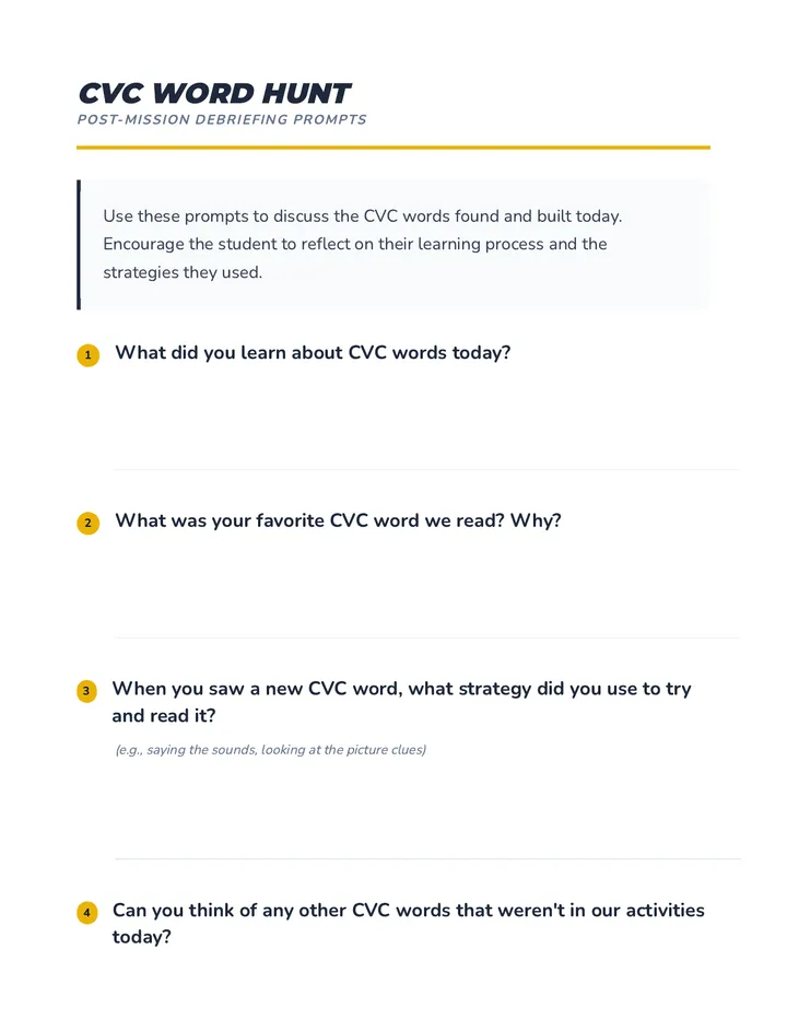 CVC Word Hunt Discussion Prompts