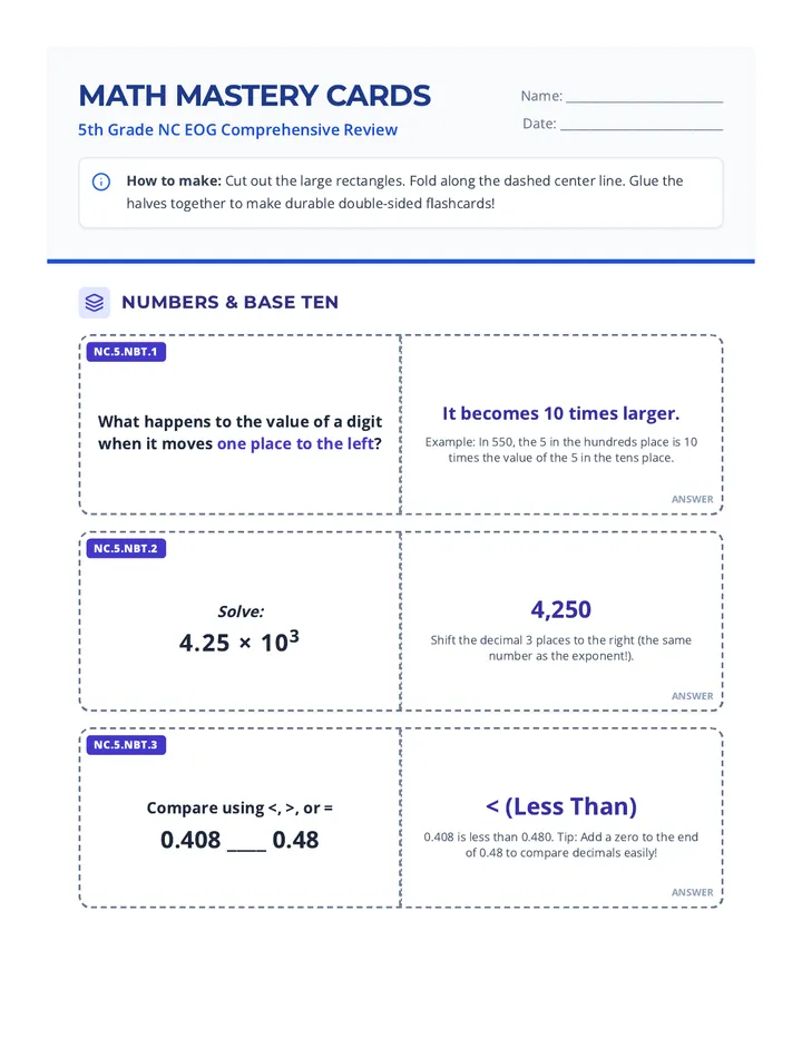 Math Mastery Cards Document page 1