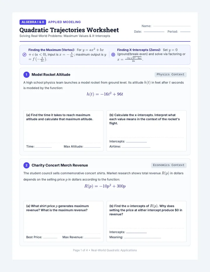 Quadratic Trajectories Worksheet
