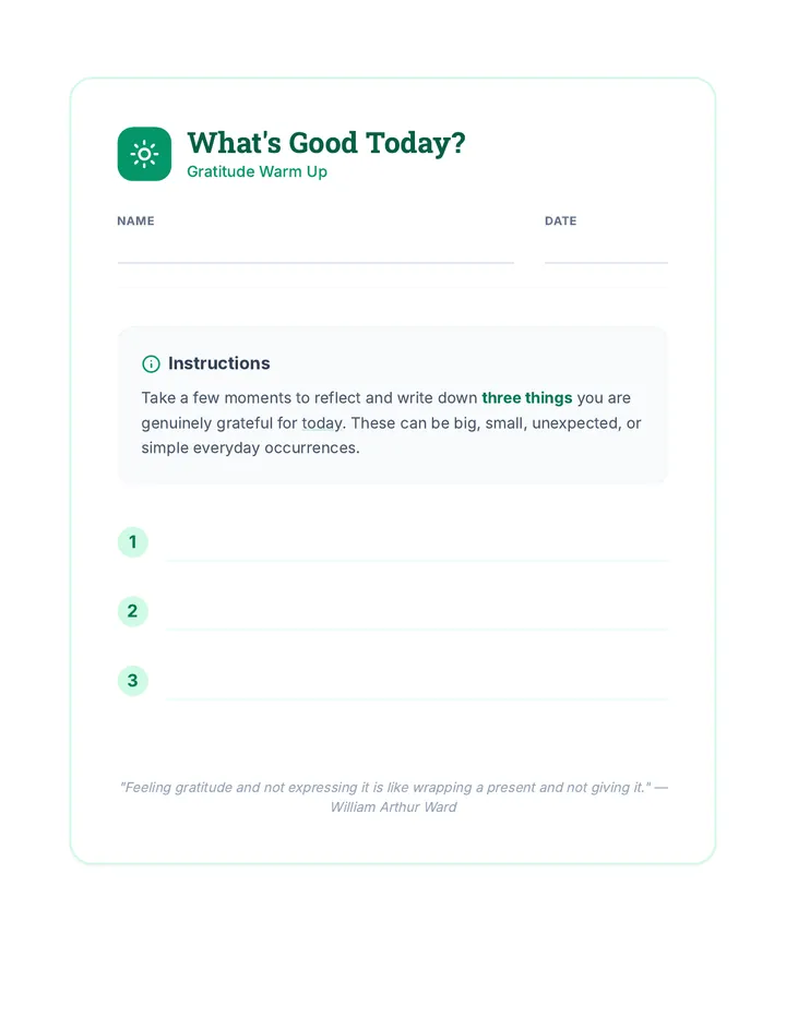 Gratitude Warm Up Handout