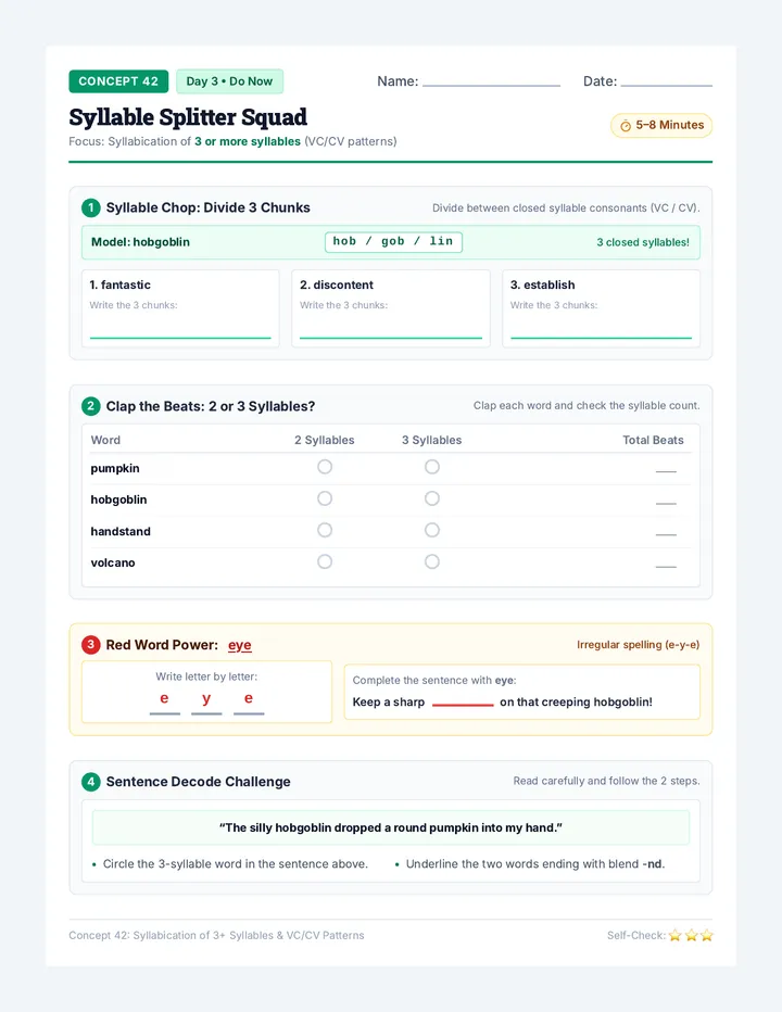 Syllable Splitter Do Now Worksheet