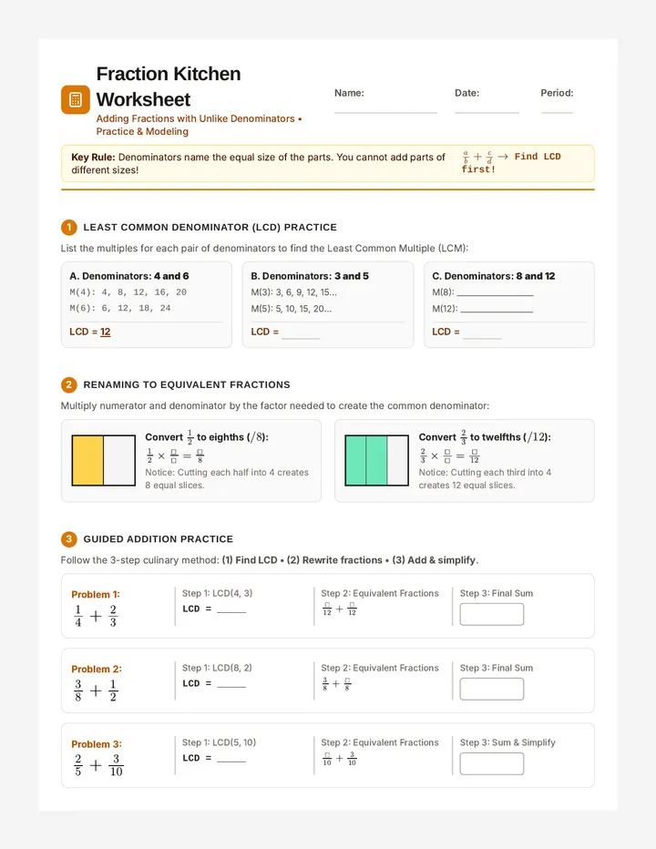 Fraction Kitchen Worksheet