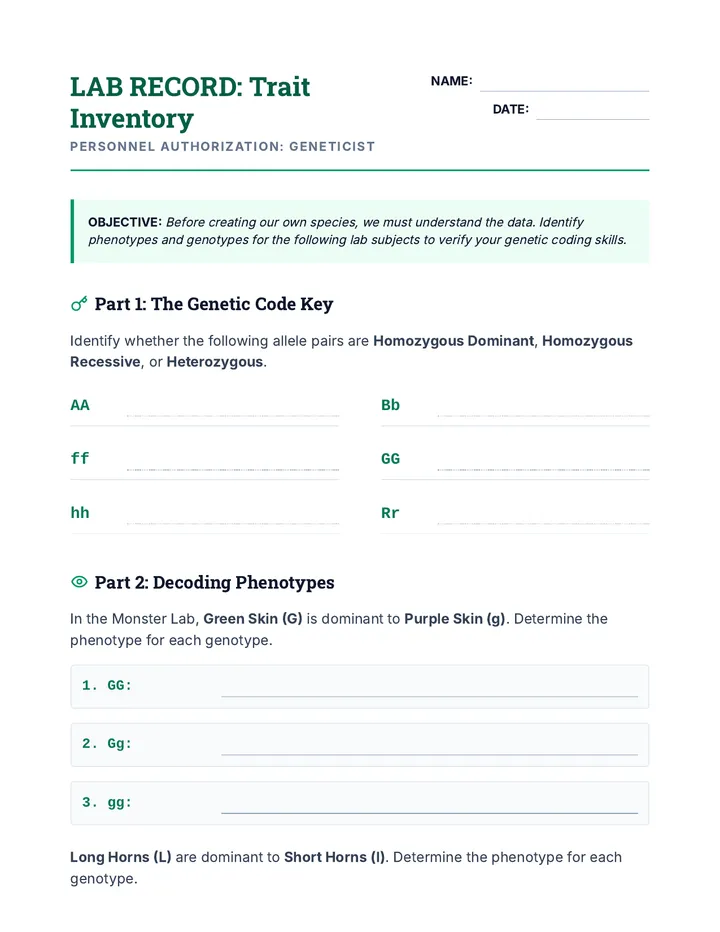 Trait Inventory Worksheet