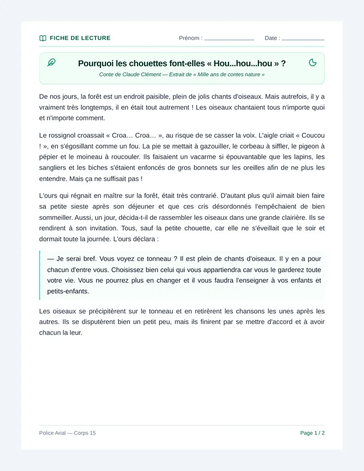 Chant Chouette Fiche Lecture
