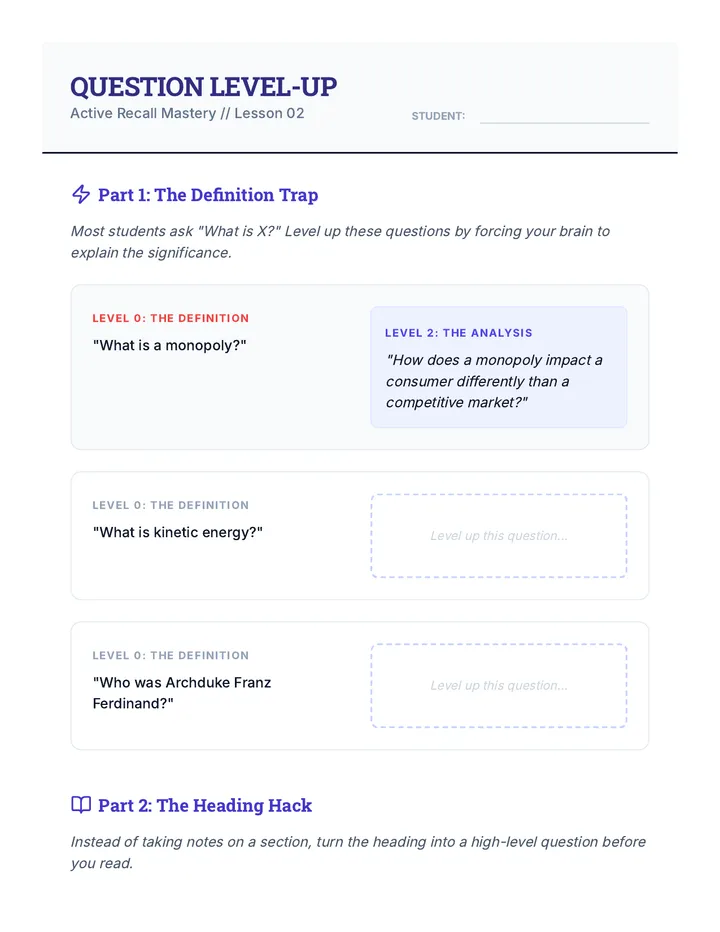 Question Level Up Worksheet