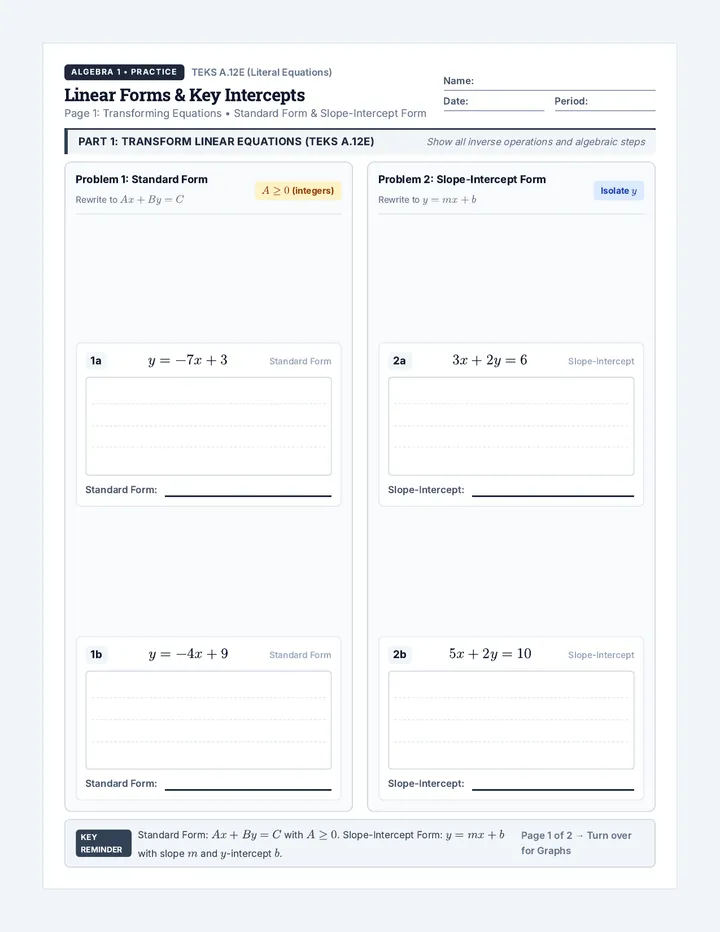 Linear Forms Intercepts Worksheet