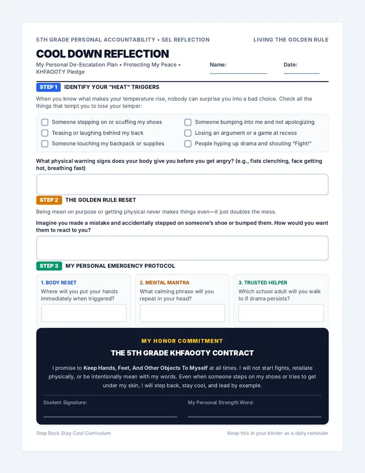 Cool Down Reflection Sheet