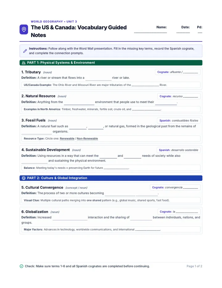 US and Canada Guided Notes