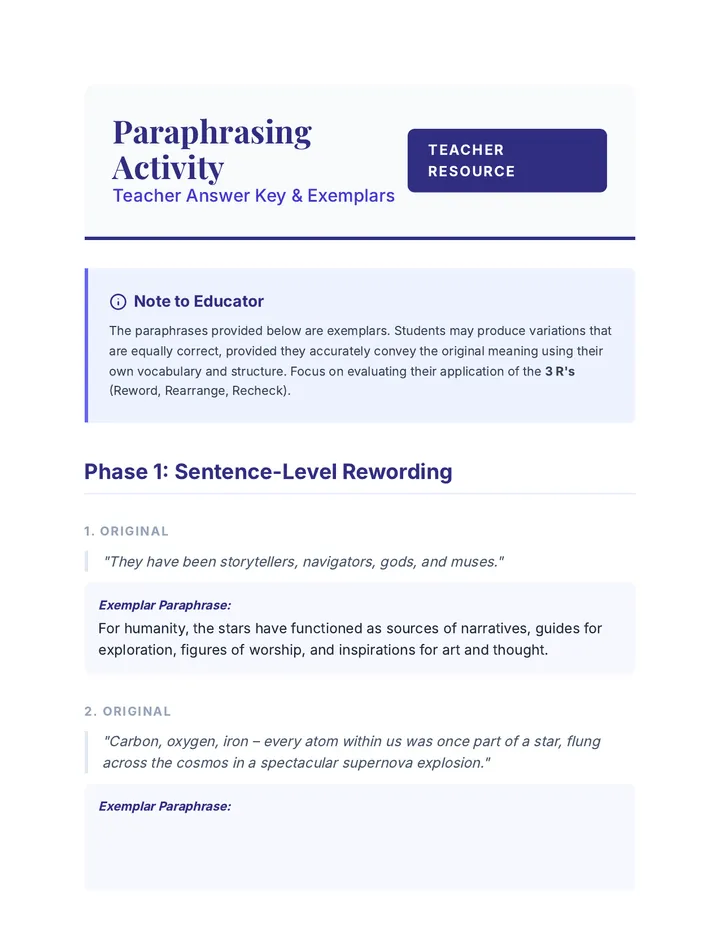 Paraphrasing Activity Answer Key