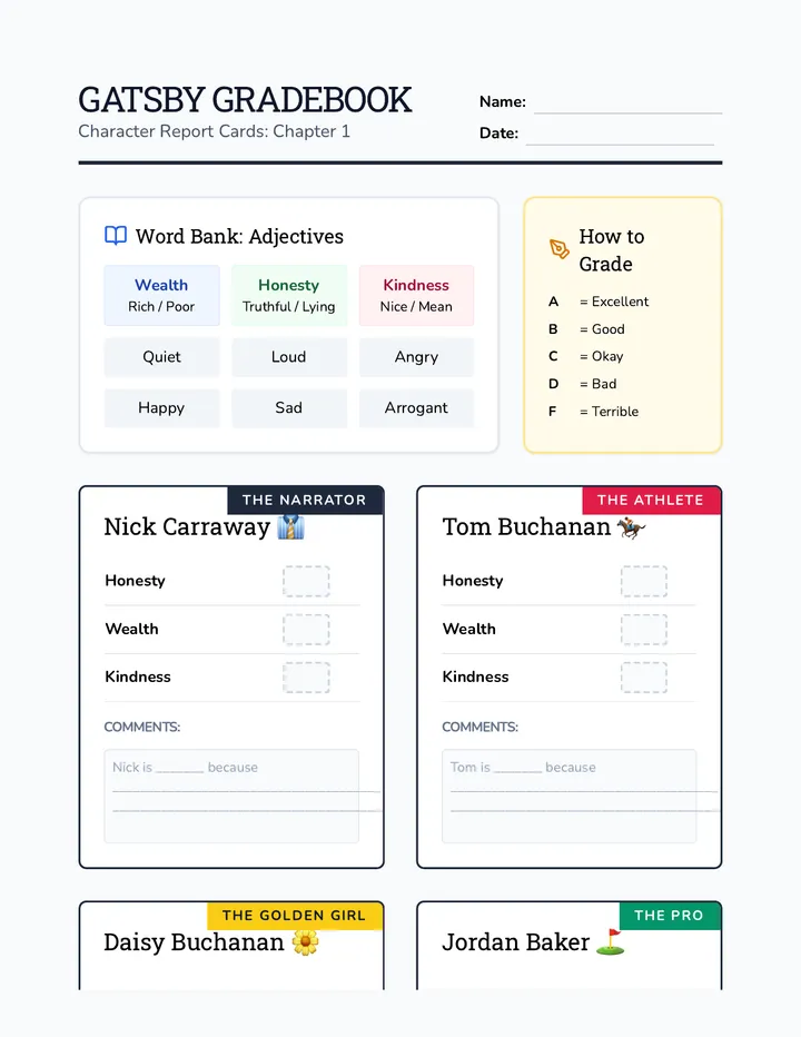 Gatsby Report Cards Worksheet