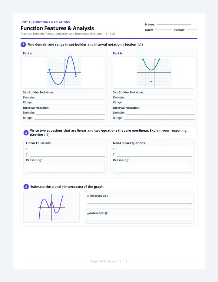 Function Features Practice Worksheet