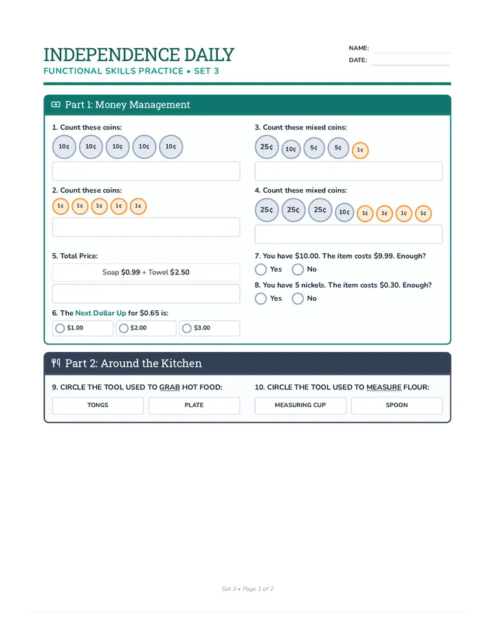 Independence Daily Worksheet 3