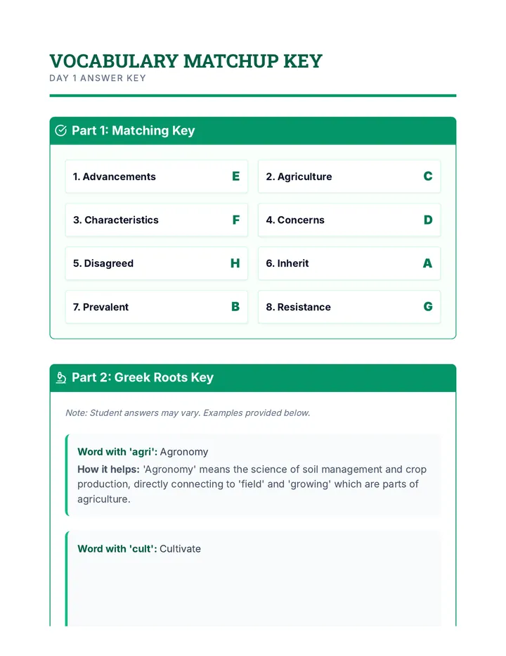 Vocabulary Matchup Key