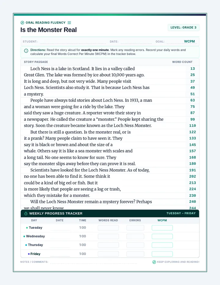 Loch Ness Fluency Practice Sheet