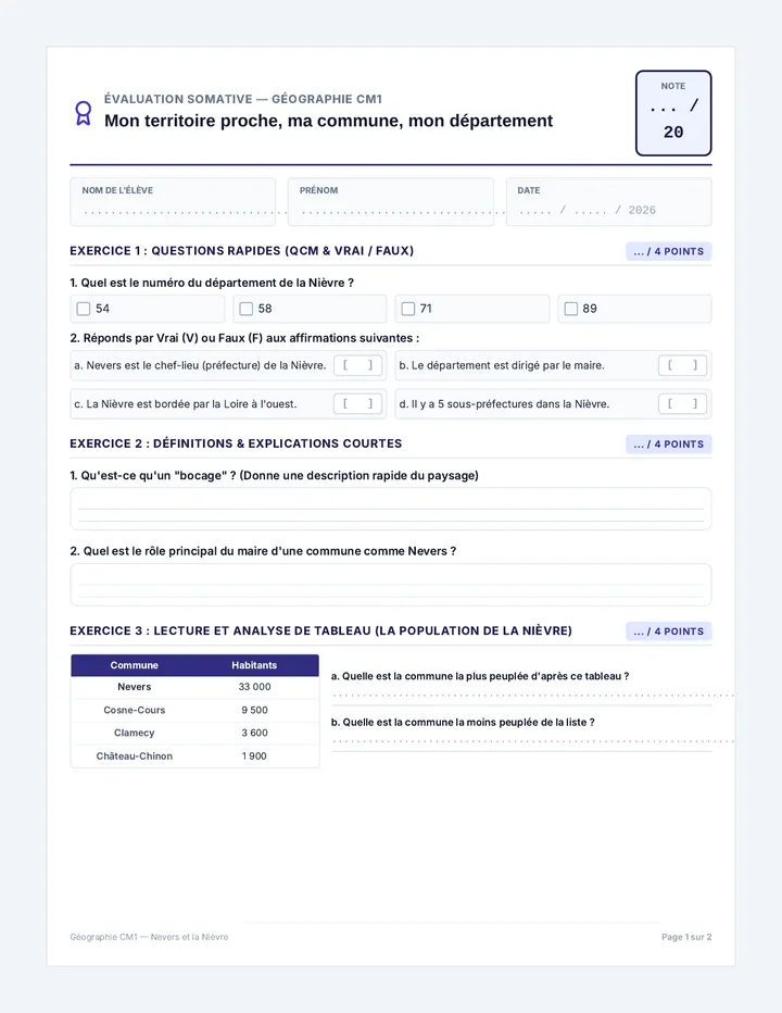 Nevers Evaluation CM1 Fiche Eleve