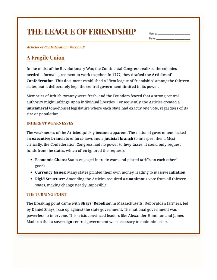 Articles Confederation Version B Worksheet