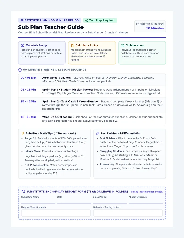 Sub Plan Teacher Guide