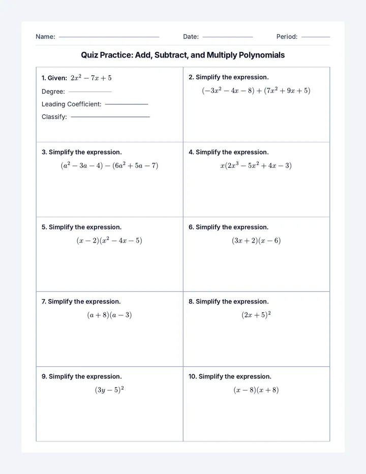 Polynomial Operations Practice Worksheet