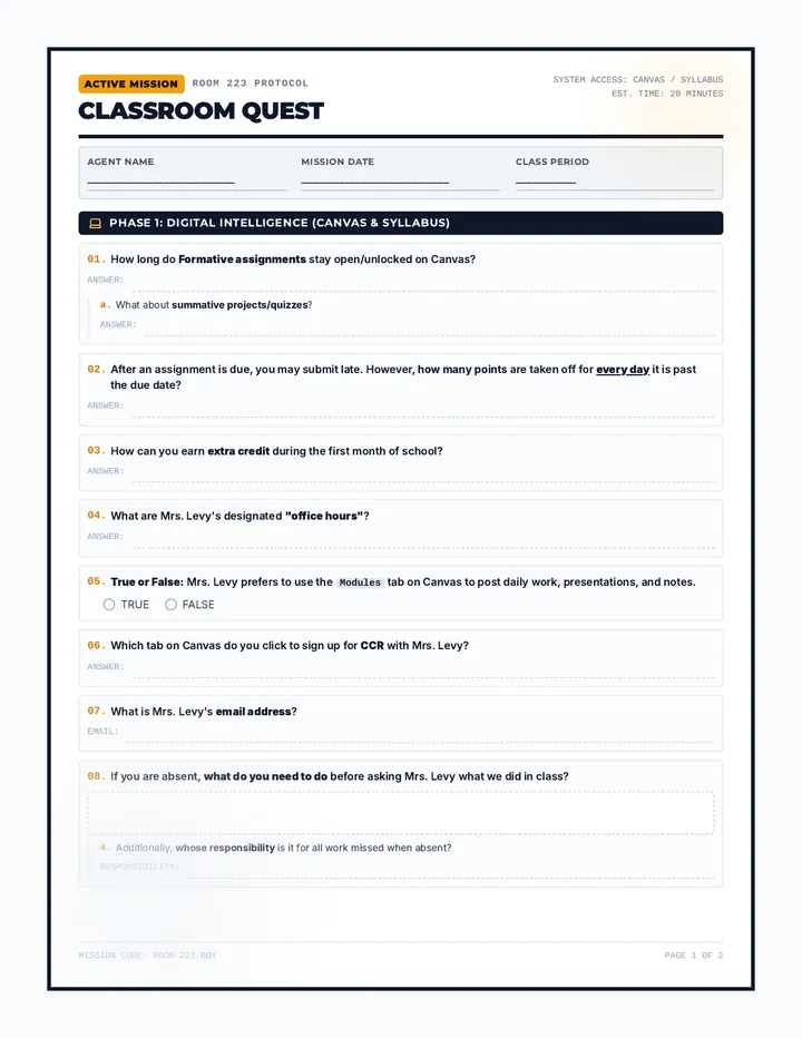 Classroom Quest Worksheet