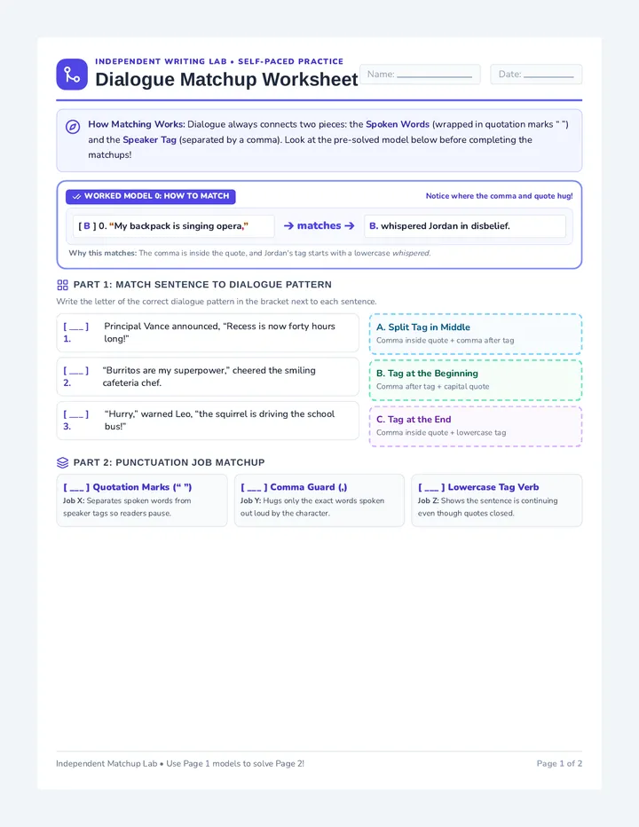 Dialogue Matchup Worksheet
