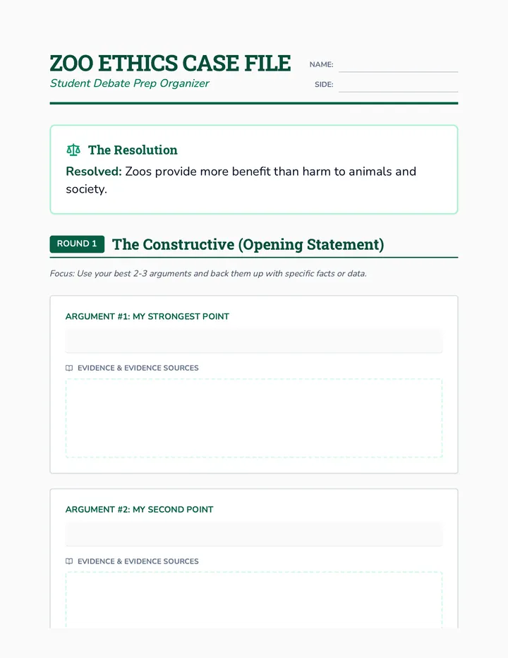Zoo Debate Prep Worksheet
