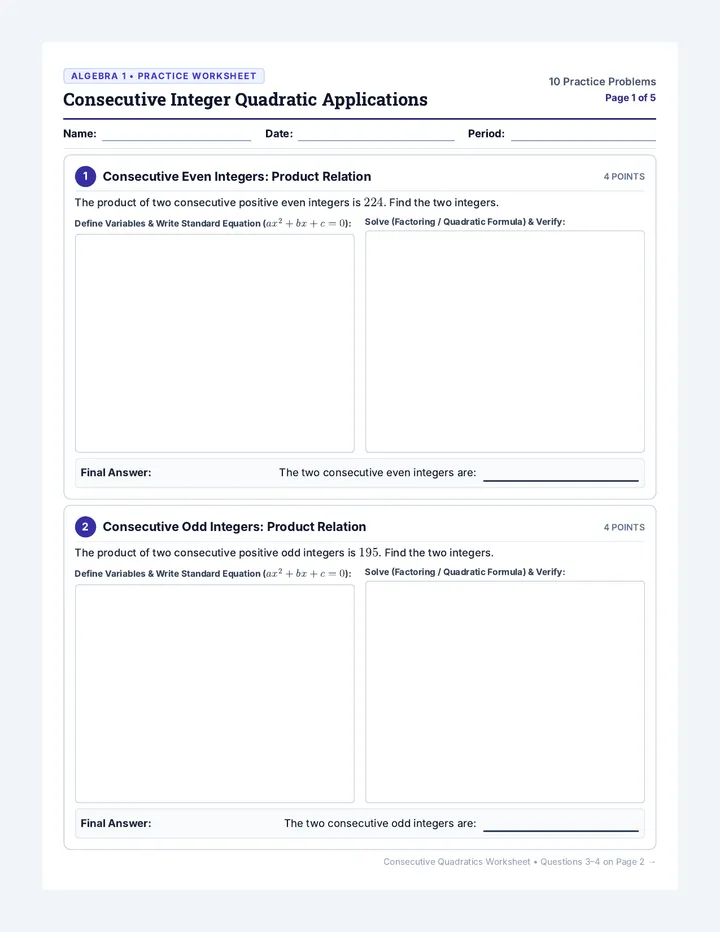 Consecutive Quadratics Worksheet