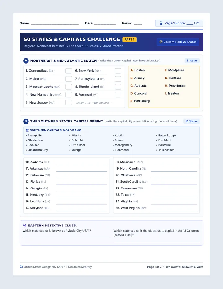 State Capital Challenge Worksheet