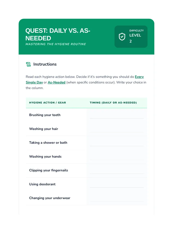Hygiene Habits Activity Sheet