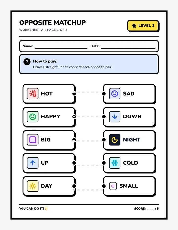 Opposite Matchup Worksheet A